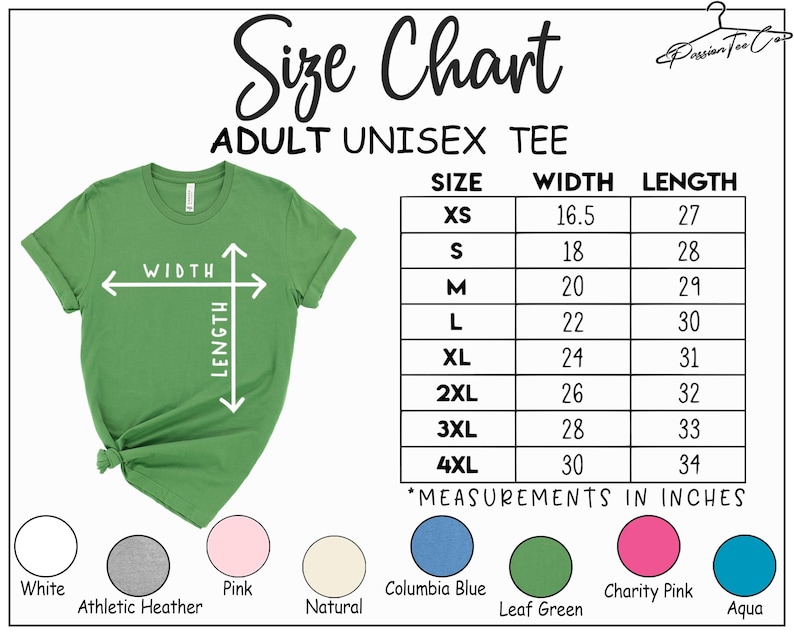The image is a size chart for an adult unisex t-shirt, showing the measurements for different sizes in inches.