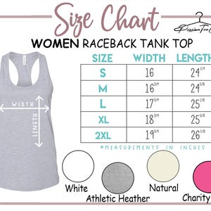 The image is a size chart for a women's raceback tank top, providing measurements for different sizes and corresponding colors.