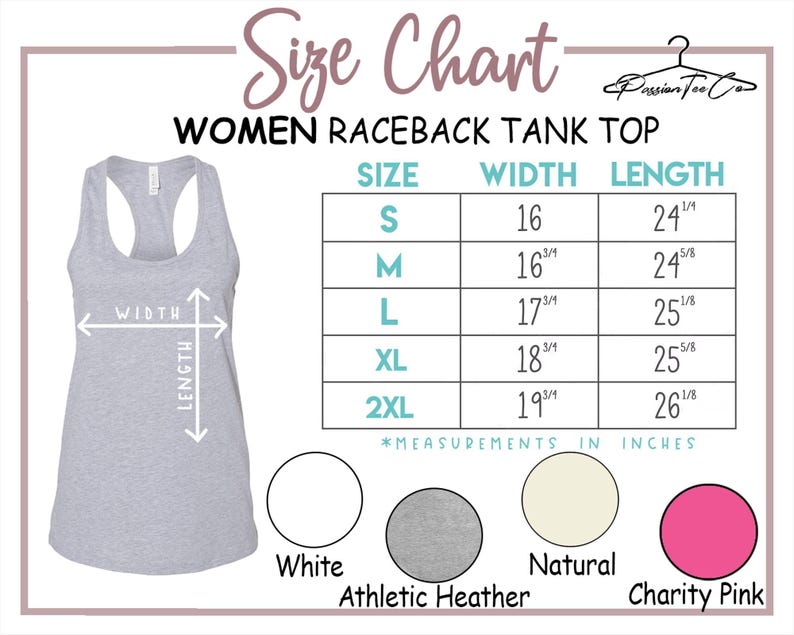 The image is a size chart for a women's raceback tank top, providing measurements for different sizes and corresponding colors.