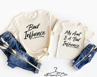 Chemises assorties tante et neveu, chemises tante et bébé, ma tante a une mauvaise influence, chemises rigolotes tante, tenues tante et nièce