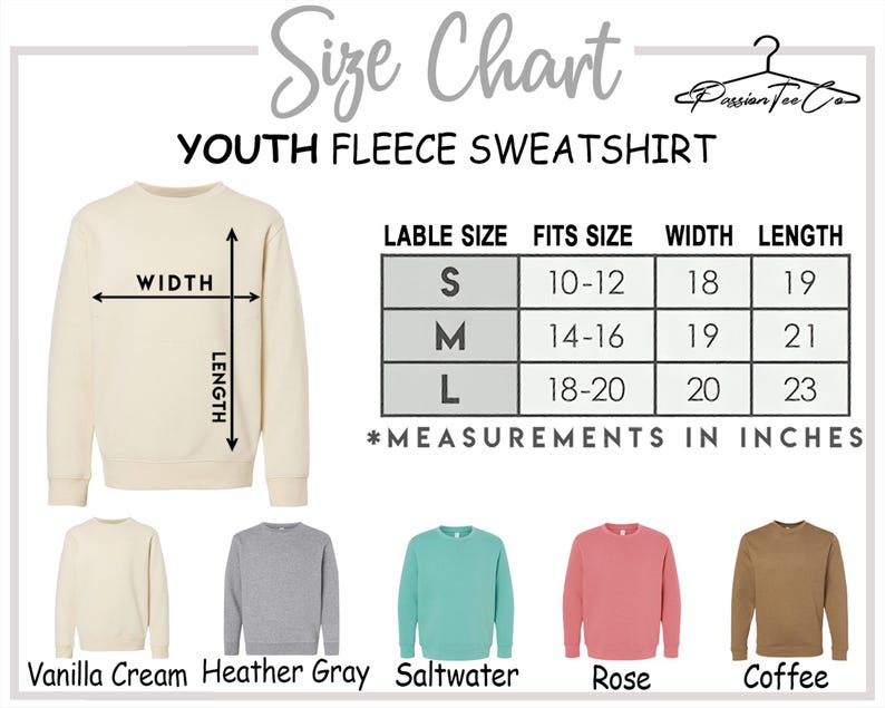Peut inclure: Tableau des tailles pour les sweatshirts en polaire pour jeunes. Le tableau indique les mesures en pouces pour les tailles S, M et L. L'image affiche &eacute;galement un sweat-shirt cr&egrave;me avec des indicateurs de largeur et de longueur.