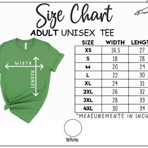 Op de afbeelding: Maattabel voor unisex T-shirts voor volwassenen. De tabel toont de breedte- en lengtemaat in inches voor maten XS tot 4XL.