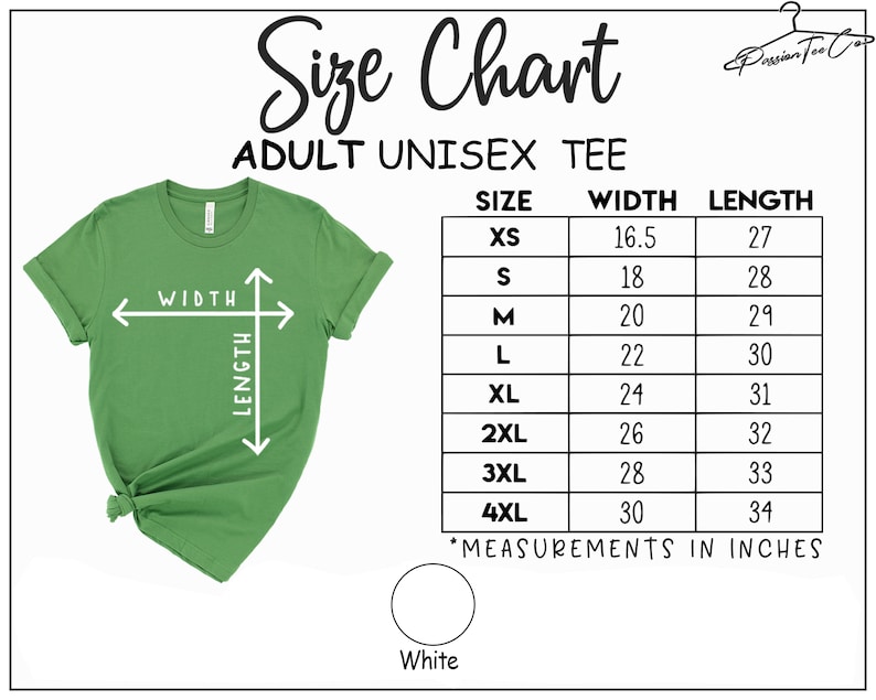 Op de afbeelding: Maattabel voor unisex T-shirts voor volwassenen. De tabel toont de breedte- en lengtemaat in inches voor maten XS tot 4XL.