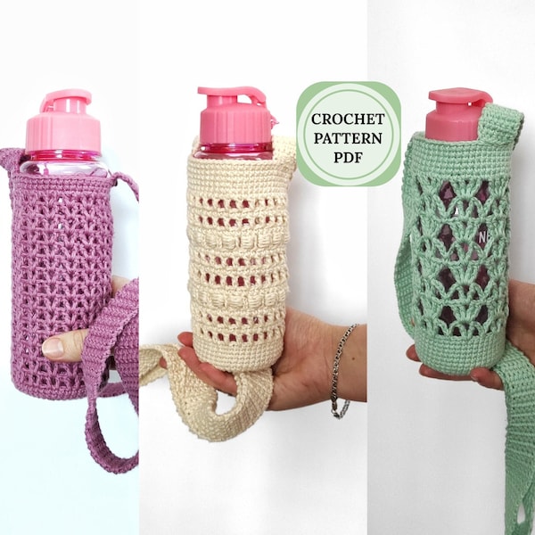 Set of 3 crochet pattern, crochet pattern water bottle holder, digital crochet bag pattern, handbag pattern pdf, water bottle bag crochet