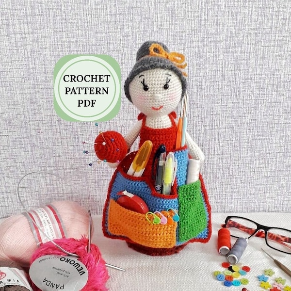 Muñeco organizador crochet, patrón muñeca hecho a mano, patrón amigurumi juguete, patrón PDF, patrones muñecos crochet
