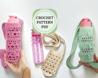 May include: Three crochet water bottle holders with straps, one pink, one beige, and one light green, alongside a pink plastic water bottle and a circular graphic with the text CROCHET PATTERN PDF. The holders feature intricate openwork designs.