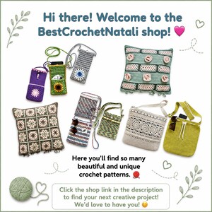 A collection of handmade crochet items including several small crossbody phone bags in purple, green, and grey, two square decorative pillows with floral and grid patterns, and two larger shoulder bags in beige and lime green.