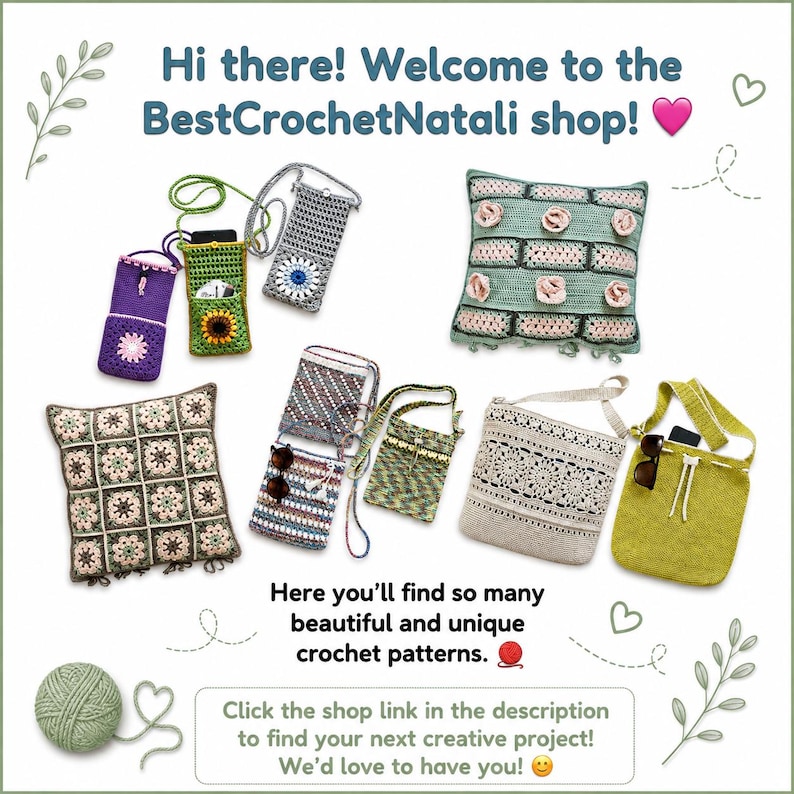A collection of handmade crochet items including several small crossbody phone bags in purple, green, and grey, two square decorative pillows with floral and grid patterns, and two larger shoulder bags in beige and lime green.