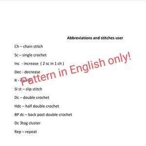 A list of crochet abbreviations and stitches in English. The list includes chain stitch, single crochet, increase, decrease, slip stitch, double crochet, half double crochet, back post double crochet, 3-tog cluster, and repeat.