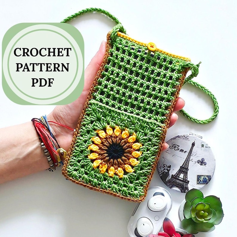 Sunflower Pocket Phone Pouch crochet pattern listing photo by BestCrochetNatali
