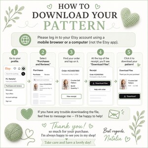 A step-by-step guide with green accents and text on how to download a crochet pattern from Etsy. The guide includes screenshots and instructions, with the text "Thank you!" and "Download Files".