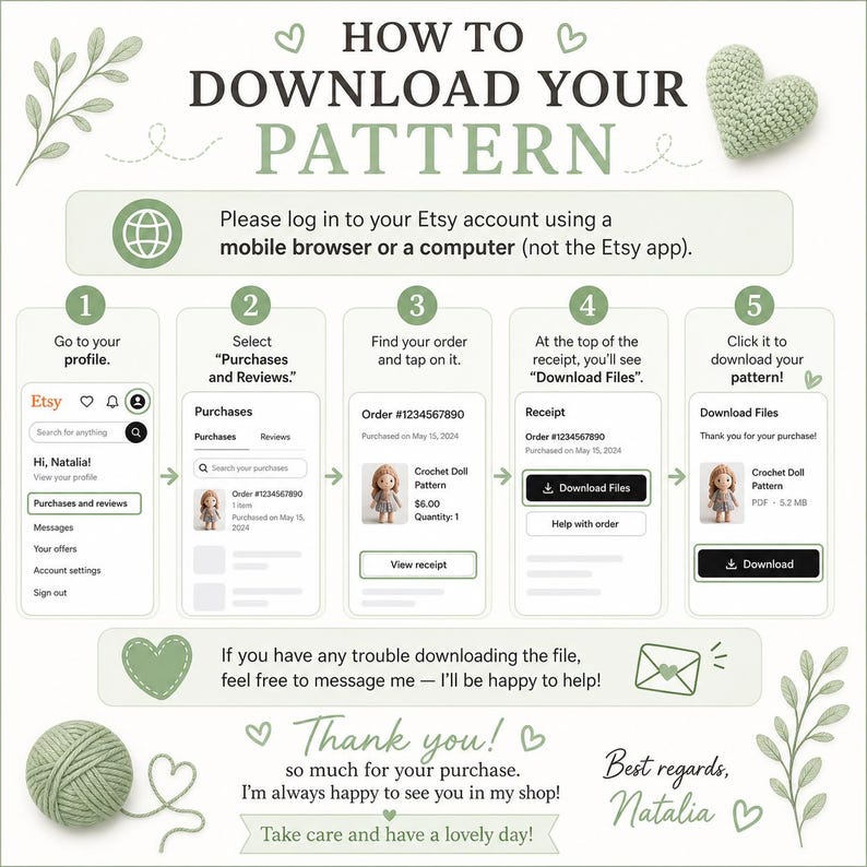 A step-by-step guide with green accents and text on how to download a crochet pattern from Etsy. The guide includes screenshots and instructions, with the text "Thank you!" and "Download Files".