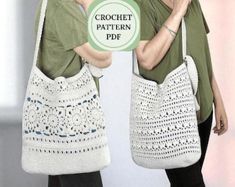 May include: A white crochet tote bag featuring a detailed floral motif pattern, a wide shoulder strap, and a solid base. The bag is displayed in two views, showcasing the intricate openwork design and the text CROCHET PATTERN PDF.