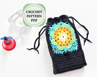 Drawstring bag crochet pattern, granny square pattern bag, tarot bag pattern, small bag crochet pattern, crossbody bag crochet pattern,