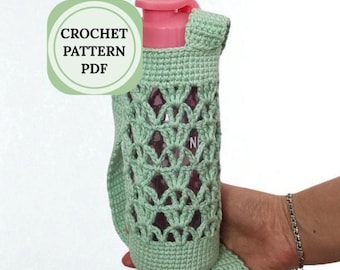 May include: A light green crochet water bottle holder with a pink cap and a long strap. The holder features an openwork stitch pattern and a solid base. A green circular graphic in the upper left corner contains the text CROCHET PATTERN PDF.
