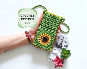 Sunflower Crochet Phone Pouch Pattern, Crossbody Cellphone Bag (PDF)
