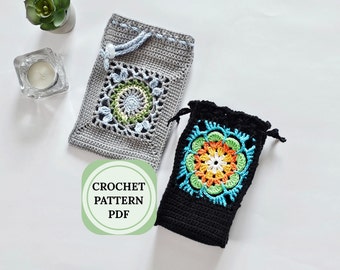 Drawstring bag crochet pattern, granny square pattern bag, Small bag crochet pattern, Tarot bag pattern, crossbody bag crochet pattern