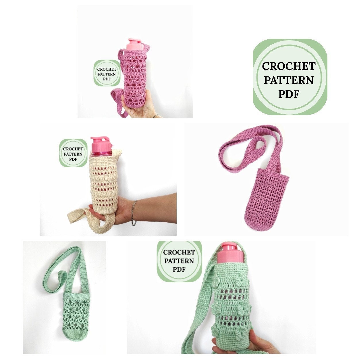 Water Bottle Caddy, With Cross-body or Wrist Strap, PDF Pattern to Crochet  