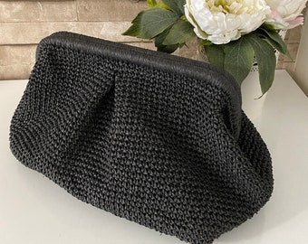 Bolso clutch negro, bolso nube de rafia de punto, bolso voluminoso, bolso liviano, clutch de playa, bolso de paja de verano, regalo del día de las madres,