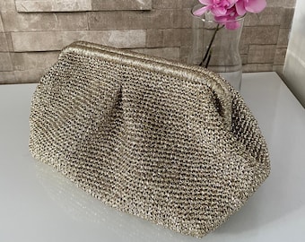 Gold Metallic Crochet Clutch Bag: Glitter Party Evening Pouch