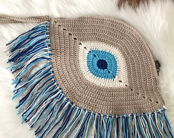 Evil Eye Clutch Bag, Evil Eye Purse, Crochet Clutch, Boho Bag, Fringe Hand Bag, Summer Bag, Good Luck Bag, Gift For Mother, Gift For Her