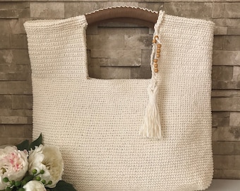 Summer Beach Bag, Straw Tote Bag, White Summer Bag, Raffia Woven Bag, Market Bag, Shoulder Bag, Gift For Mother, Birthday Gift For Her