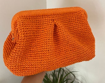 Orange Straw Cloud Bag: Crochet Raffia Clutch, Party Evening Purse