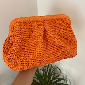 Orange Stroh Wolke Tasche, Raffia Clutch Tasche, Sommer Beutel Tasche, Herbst Handtasche, Häkeln Knödel Tasche, Party Tasche, Abend Geldbörse, Weihnachtsgeschenk