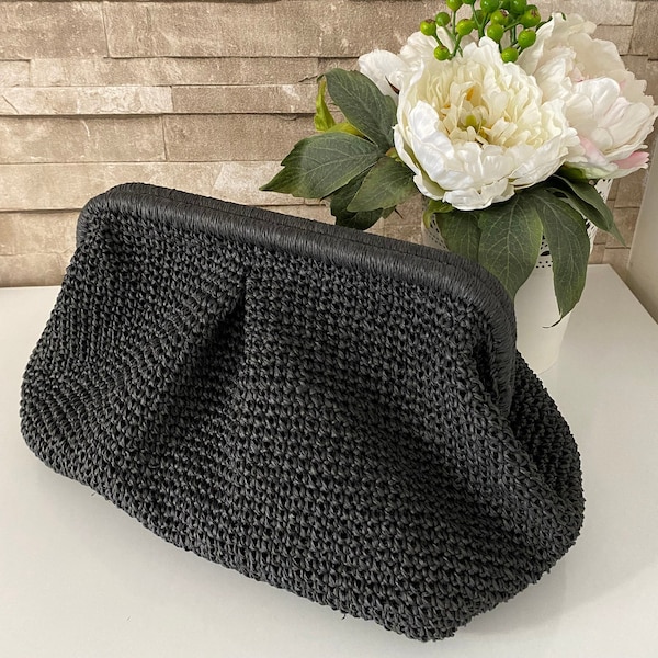 Black Clutch Bag, Knitted Raffia Cloud Bag, Voluminous Pouch Bag, Lightweigh Purse, Beach Clutch, Summer Straw Bag, Mothers Day Gift,