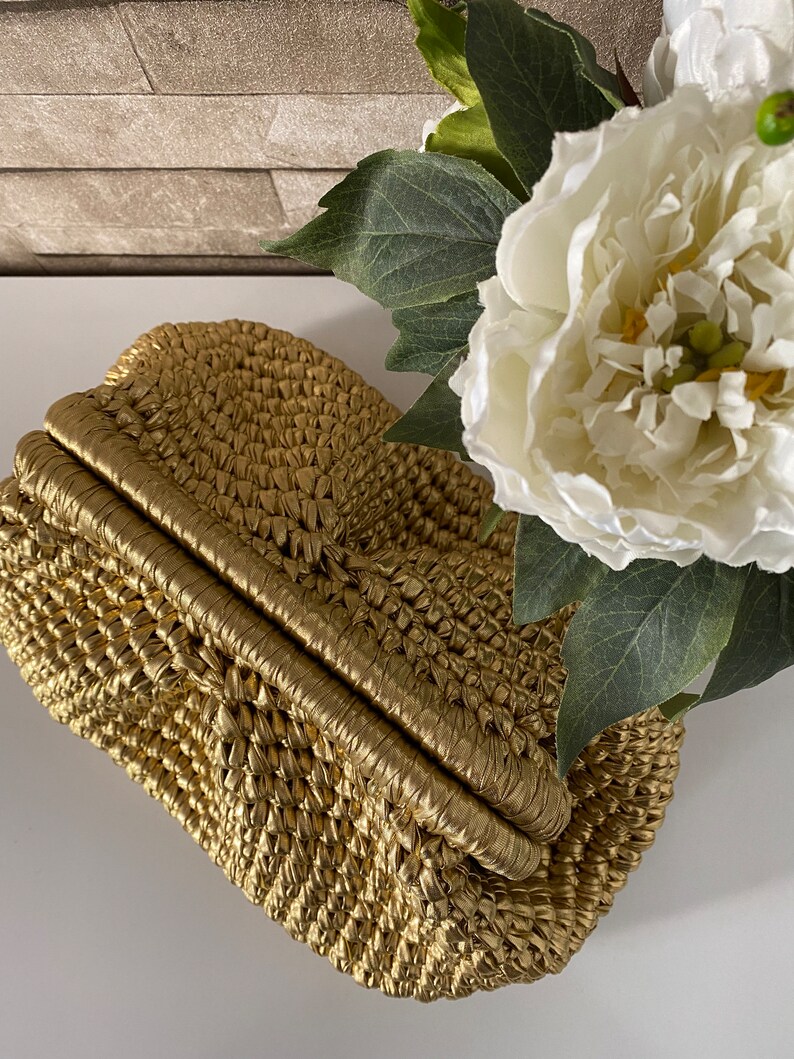 Metallic Raffia Bag, Gold Raffia Clutch, Evening Pouch Bag, Crochet