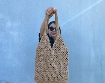 Crochet Raffia Tote Bag, Boho Straw Beach Bag, Large Shoulder Bag, Woven Summer Bag, Fashion Casual Bag, Knitted City Bag, Hand Made Gift
