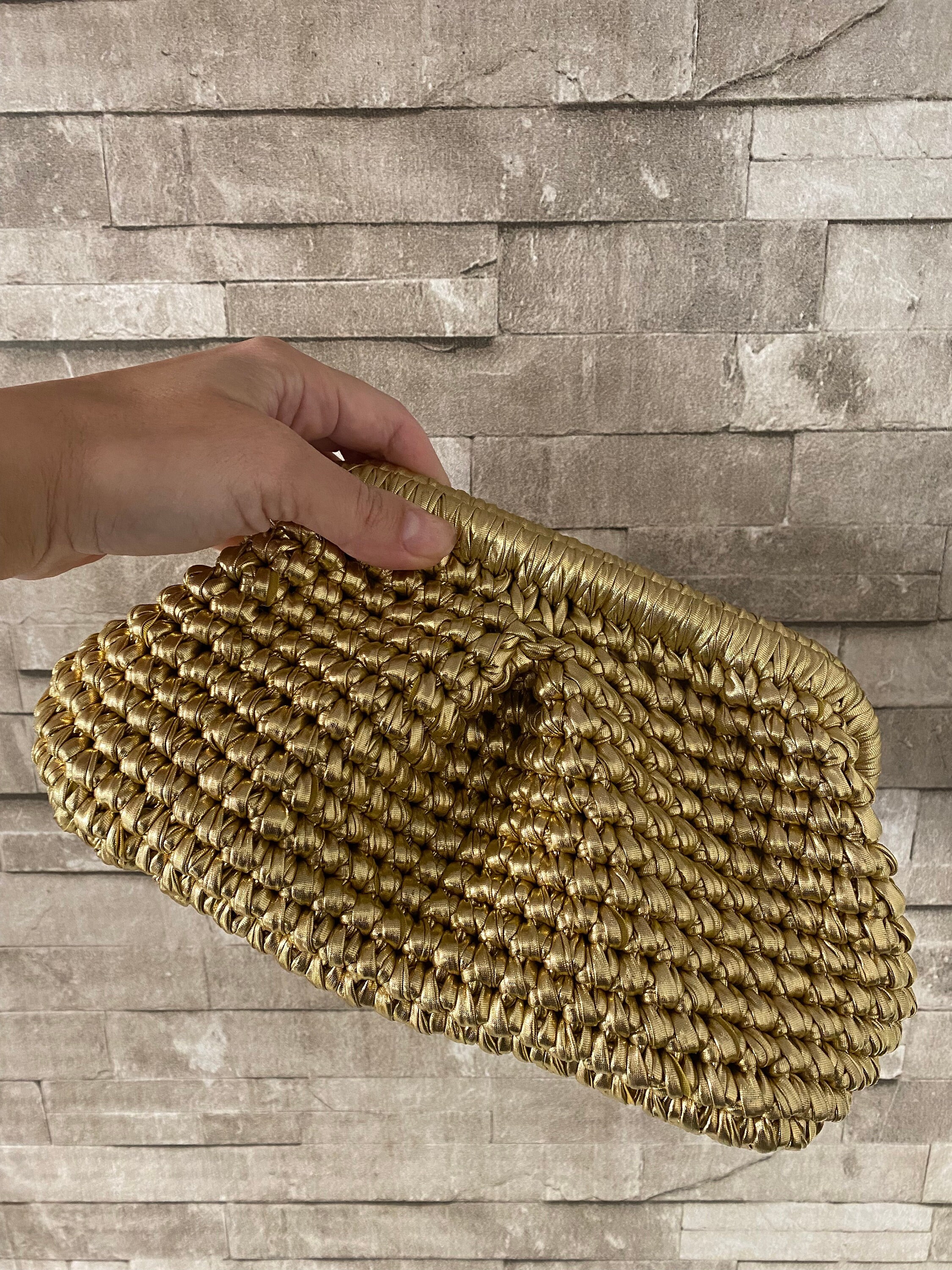Metallic Raffia Bag, Gold Raffia Clutch, Evening Pouch Bag, Crochet