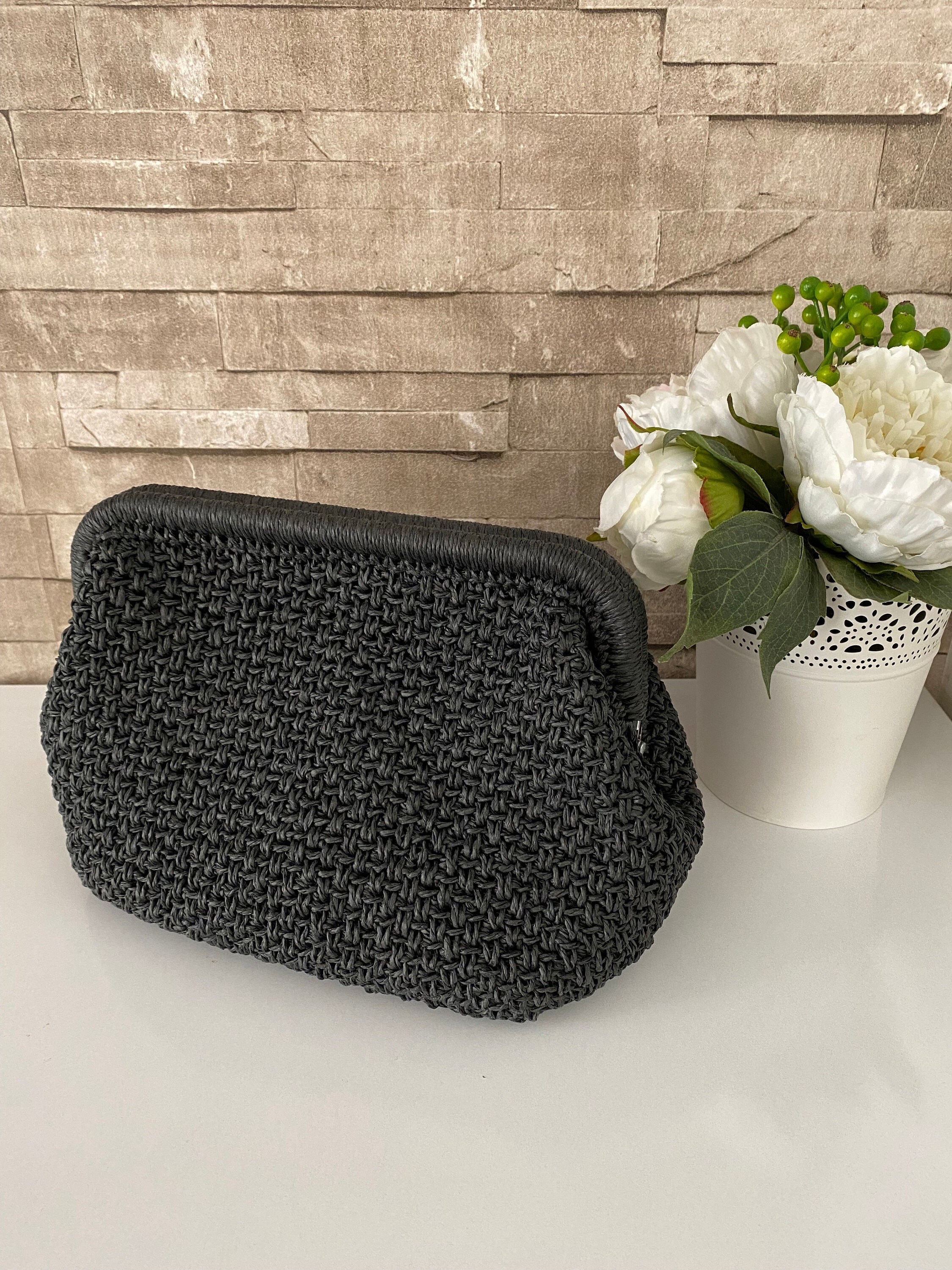  Black clutch evening bag for women Small purse crossbody with  chain Handmade raffia formal bag : Handmade Products