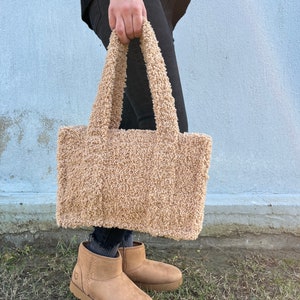 Teddy Fur Plush Tote Bag, Curly Sherpa Shoulder Bag, Teddy Knit Winter Shopper Bag, Faux Fur Weekend Bag, Daily Bag