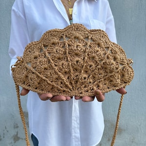 Raffia Oyster Shell Bag, Pearly Mussel Evening Purse, Knitted Straw Crossbody Bag, Party Pouch Bag, Crochet Seashell Bag, Summer Beach Purse