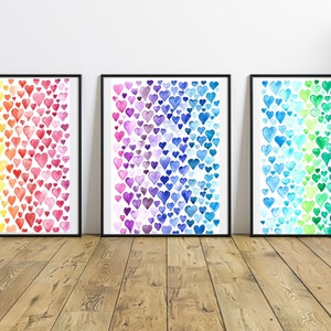 Multicoloured rainbow hearts, watercolour set of 3 prints, heart love rainbow wall decor