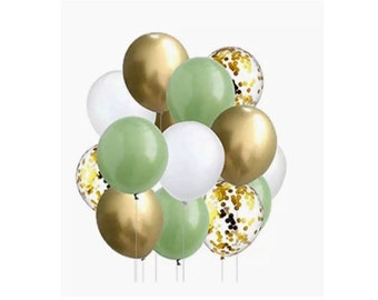 PREMIUM Party Ballon Set/Eukalyptus-Gold-Konfetti Inkl. Ballonband. Happy-Birthday|Party-Event| Jubiläum| JGA| Tisch/Raum Ballondekoration.