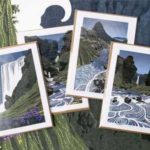 Iceland Waterfalls Greetings Cards Pack, Iceland Cards, Set de 4 cartes, Skógafoss, Kirkjufell, Kvernufoss, Uxafótafoss