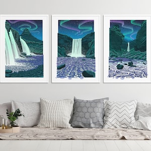 Set of 3 Iceland Aurora Waterfall Prints, Waterfall Wall Art, Landscape Art Prints, Icelandic Waterfalls, Northern Lights, Unframed