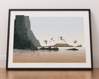 Oystercatchers at Rhossili Bay, Gower, Wales, Landscape Art Print, Wales Travel Poster, Gower Coast Poster, Wall Art, Unframed