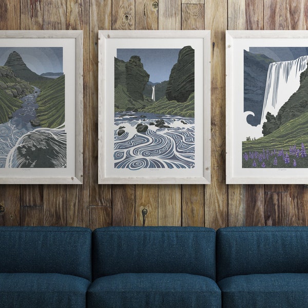 Set of 3 Iceland Waterfall Prints, Iceland Waterfalls, Landscape Art Prints, Scandinavian Prints, Wall Art, Skógafoss, Kverufoss, Kirkjufell