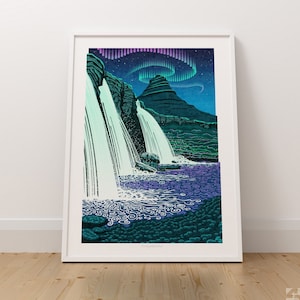 Kirkjufellsfoss Aurora, Northern Lights, Iceland, Waterfall Art Print, Iceland Travel Poster, Icelandic Waterfall, Wall Art, Unframed