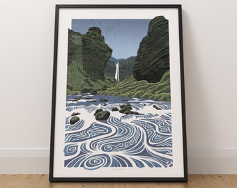 Kvernufoss, Iceland, Waterfall Art Print, Iceland Travel Poster, Icelandic Waterfall, Wall Art, Scandinavian Print, Nordic Poster, Unframed