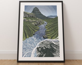 May include: A black framed print of a stylized illustration of a mountain range with a river flowing through it. The river is depicted in shades of blue and white, while the mountain range is green and brown. The print is titled "Kirkjufell"