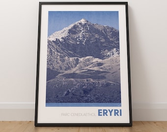 Parc Cenedlaethol Eryri reisposter, Wales, Yr Wyddfa, Snowdon, landschapskunstdruk, Welshe taalafdruk, kunst aan de muur, Welsh Mountain