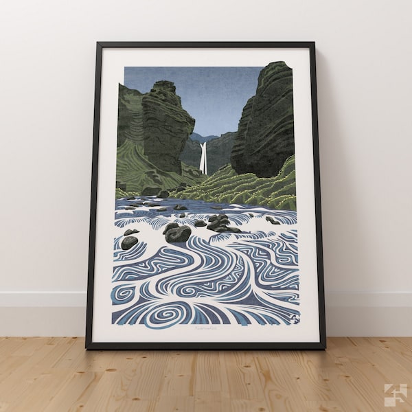 Kvernufoss, Iceland, Waterfall Art Print, Iceland Travel Poster, Icelandic Waterfall, Wall Art, Scandinavian Print, Nordic Poster, Unframed