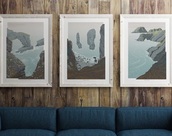 Set of 3 Pembrokeshire Coast Path Prints, Landscape Art Prints, Wales Coastal Prints, Welsh Wall Art, Green Bridge, Stack Rocks, Unframed