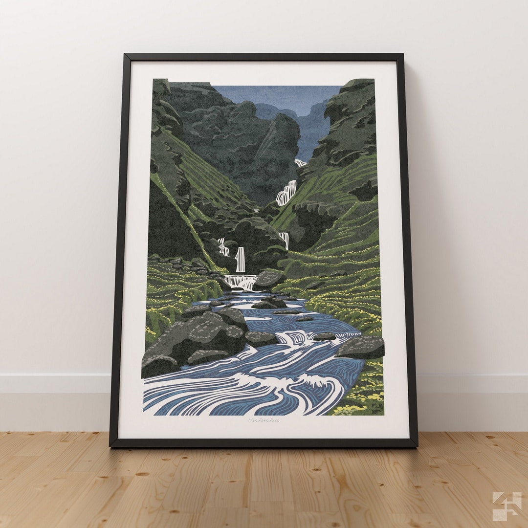 Iceland Uxafótafoss Waterfall Landscape Wall Art Print Travel Poster ...