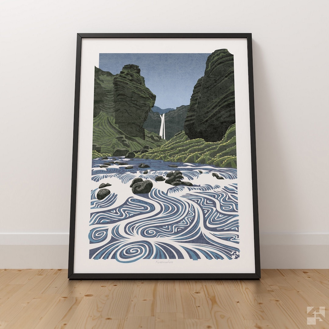 Iceland Kvernufoss Waterfall Landscape Wall Art Print Travel Poster ...