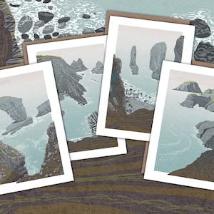 Pacote de cartões de felicitações do caminho da costa de Pembrokeshire, cartões de Pembrokeshire, conjunto de 4 cartões, ponte verde, Stack Rocks, Ceibwr Bay, Ynys Deullyn